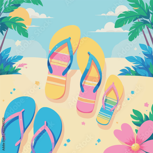 Colorful Flip Flops on Tropical Beach Sand