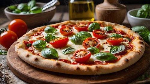 A rustic artisan pizza with a thin, crispy crust topped with mozzarella, cherry tomatoes, and fresh basil leaves, sitting on a wooden board.