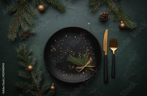 Elegant holiday table setting with black plates and gold cutlery surrounded b...