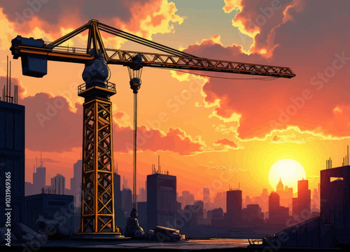 Construction Crane at Sunset over City Skyline  
