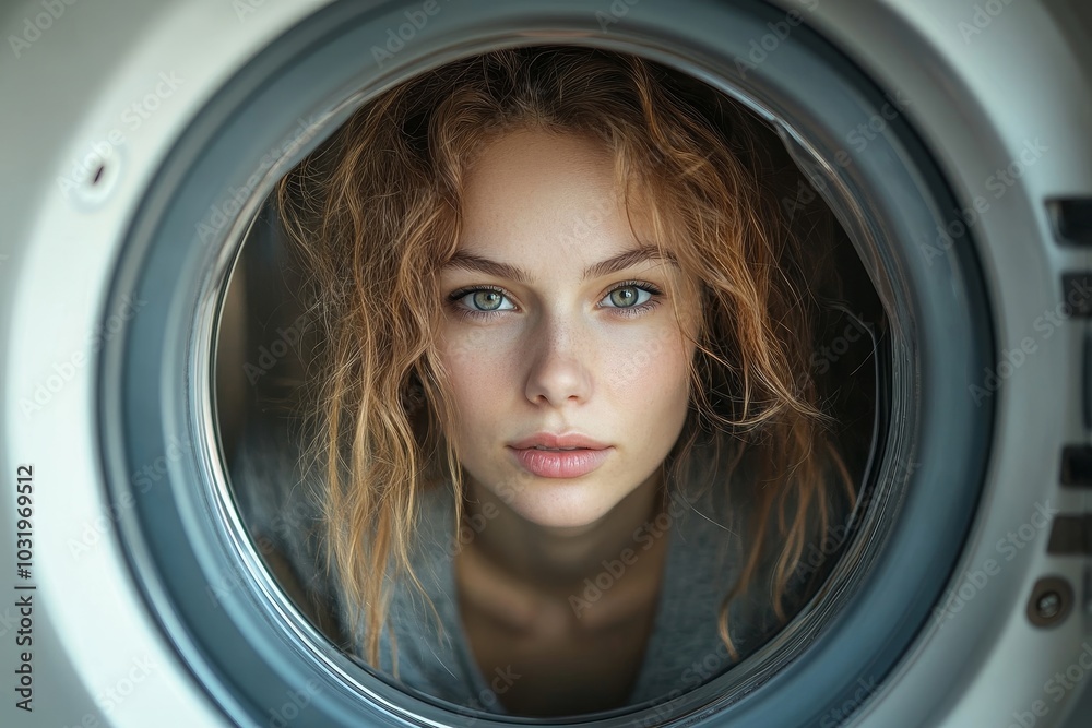 Woman sticking out things from a modern washing machine, Generative AI Woman sticking out things from a modern washing machine, Generative AI