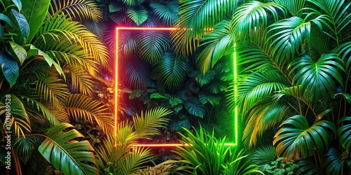 Neon Frame Tropical Jungle Summer Party Design with Glowing Background, Aerial Photography of Lush Leaves and Vibrant Colors for Event Promotion and Inspiration photo