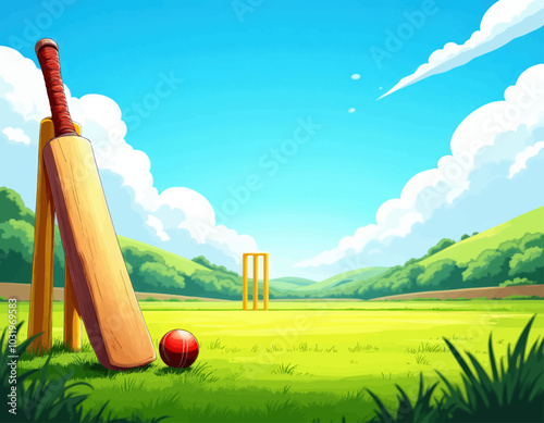 Cricket Field with Bat, Ball and Wicket 
