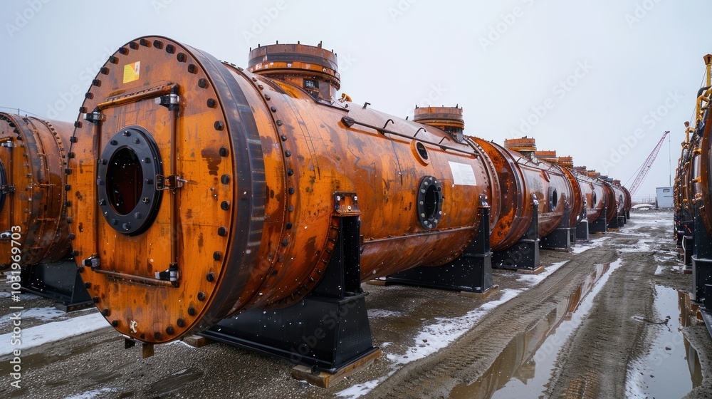Rusty industrial tanks lined up on a misty winter day at an oil refinery in an isolated location. Generative AI Rusty industrial tanks lined up on a misty winter day at an oil refinery in an isolated location. Generative AI