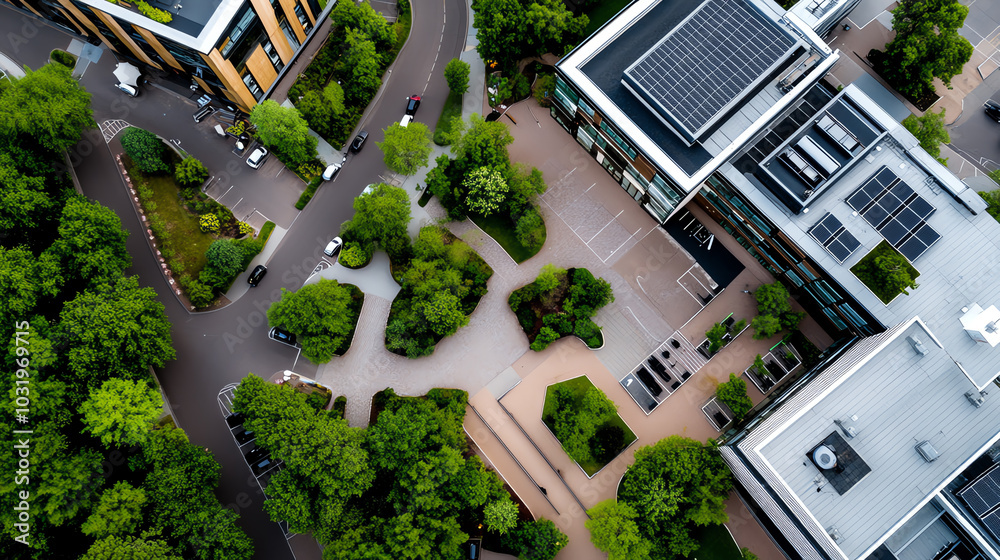 Aerial view of modern buildings and greenery. Aerial view of modern buildings and greenery.