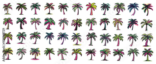 set of colorful vector 2d palm trees for exotic vacation pictures or for t-shirts