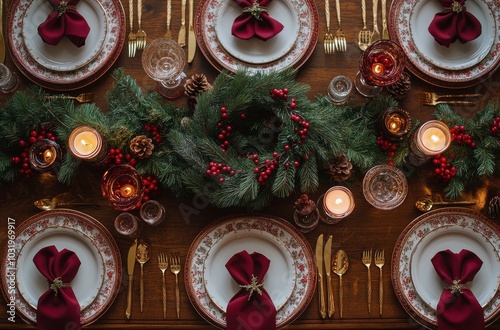 Elegant dining table decorated for a festive holiday celebration with greener...