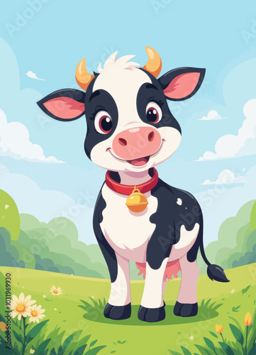 Cute Cartoon Cow in Meadow  
