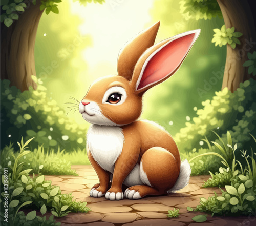 Cute Bunny in a Forest Clearing 
