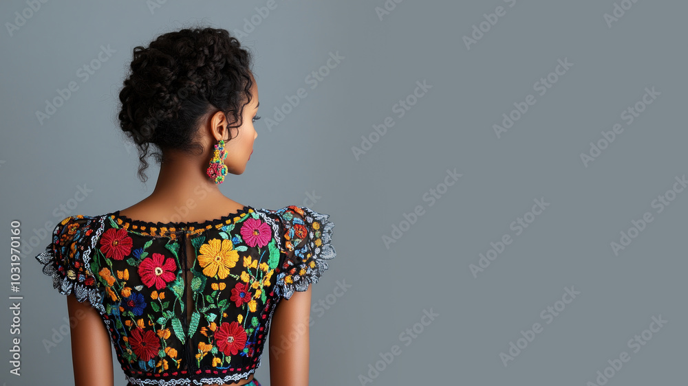 Afro woman wearing traditional huipil tunic mexican guatemala cloth