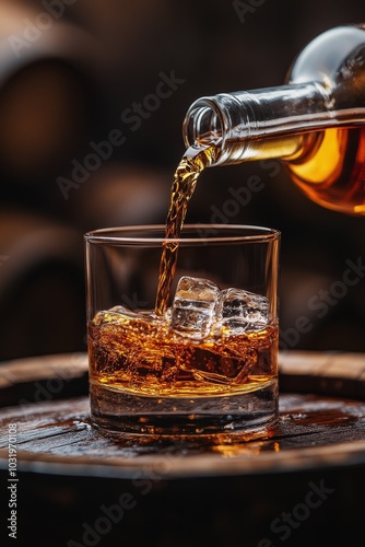 Pouring a rich amber whiskey over ice in a glass, showcasing craftsmanship an...