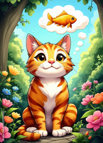Cute Cat Dreaming of Fish in Garden 
