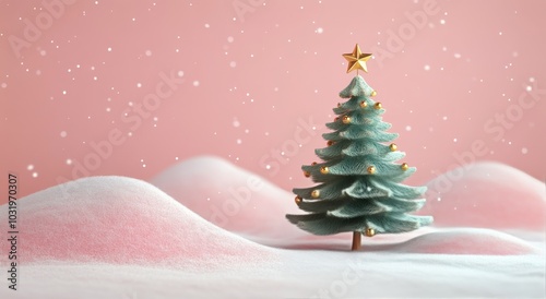 Miniature Christmas tree with gold star on pastel pink snow covered landscape...