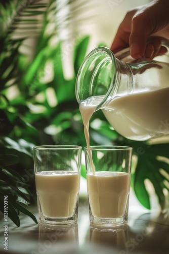 Pouring fresh milk into glasses in a cozy kitchen with green plants in the ba...