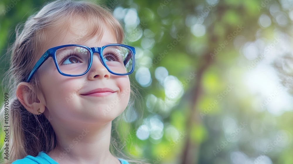 Young child wearing blue glasses focusing on distant tree outside window, symbolizing myopia prevention and importance of outdoor activities. Young child wearing blue glasses focusing on distant tree outside window, symbolizing myopia prevention and importance of outdoor activities.