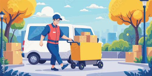 Delivery Man Pushing Cart With Packages  
