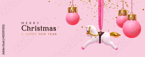 Merry Christmas and Happy New Year Banner and web poster. Realistic 3d design hangs on pink ribbon little white horse and Xmas pink baubles on bright pink soft background. Vector illustration