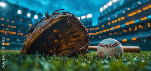 A baseball glove rests beside a ball on the grass at a dimly lit stadium duri...