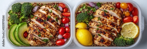 Healthy grilled chicken meal prep with quinoa, fresh vegetables, and vibrant ...