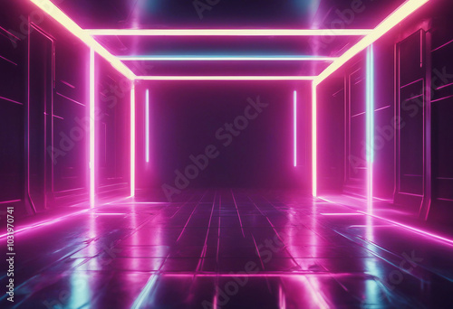 3d technology abstract neon light background empty space scene spotlight dark night virtual reality