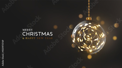 Christmas and New Year background Realistic 3d design transparent Christmas ornament filled with fairy lights on dark background. Xmas poster, banner, cover for flyer and brochure. Vector illustration
