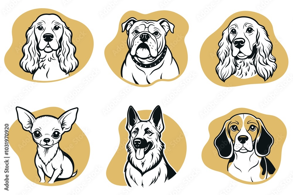 A set of dog illustrations with a variety of breeds A set of dog illustrations with a variety of breeds