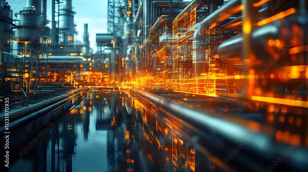 Futuristic Industrial Cityscape at Night with Glowing Pipelines Storage Tanks and Processing Equipment in a Modern Urban Environment Futuristic Industrial Cityscape at Night with Glowing Pipelines Storage Tanks and Processing Equipment in a Modern Urban Environment