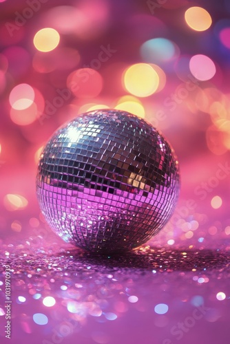Shimmering disco ball on a vibrant pink background with sparkling lights in t...
