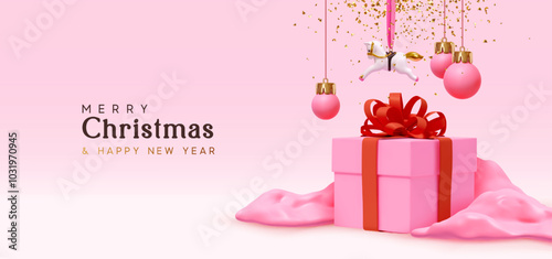 Merry Christmas and Happy New Year background. Realistic 3d cartoon gift box in pink snowdrift, christmas decorations hanging on a red ribbon and golden confetti falling. Vector illustration