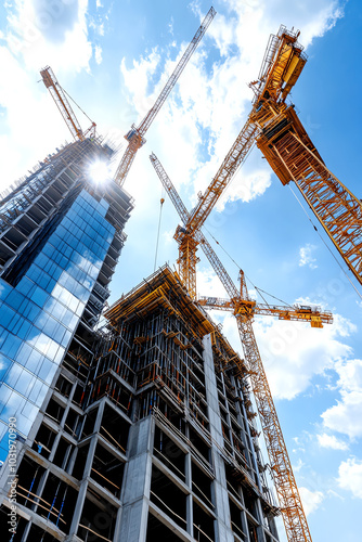 Construction site with cranes and blue sky.