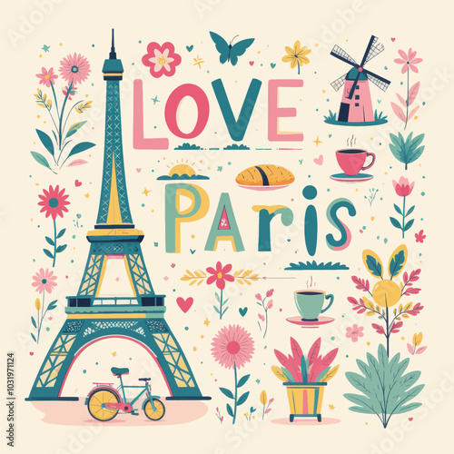 Eiffel Tower, Flowers and Parisian Illustration  
