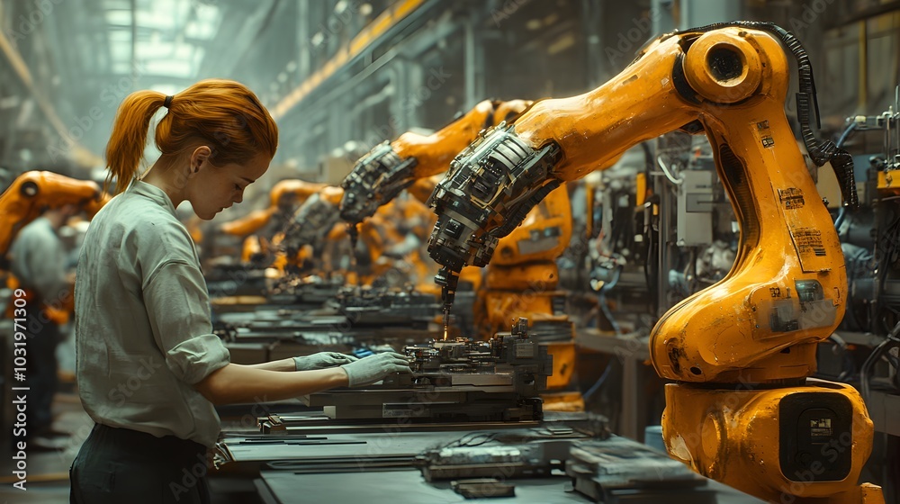 Automated Industrial Manufacturing Process in Factory Warehouse with Robotic Arms and High Tech Machinery Automated Industrial Manufacturing Process in Factory Warehouse with Robotic Arms and High Tech Machinery