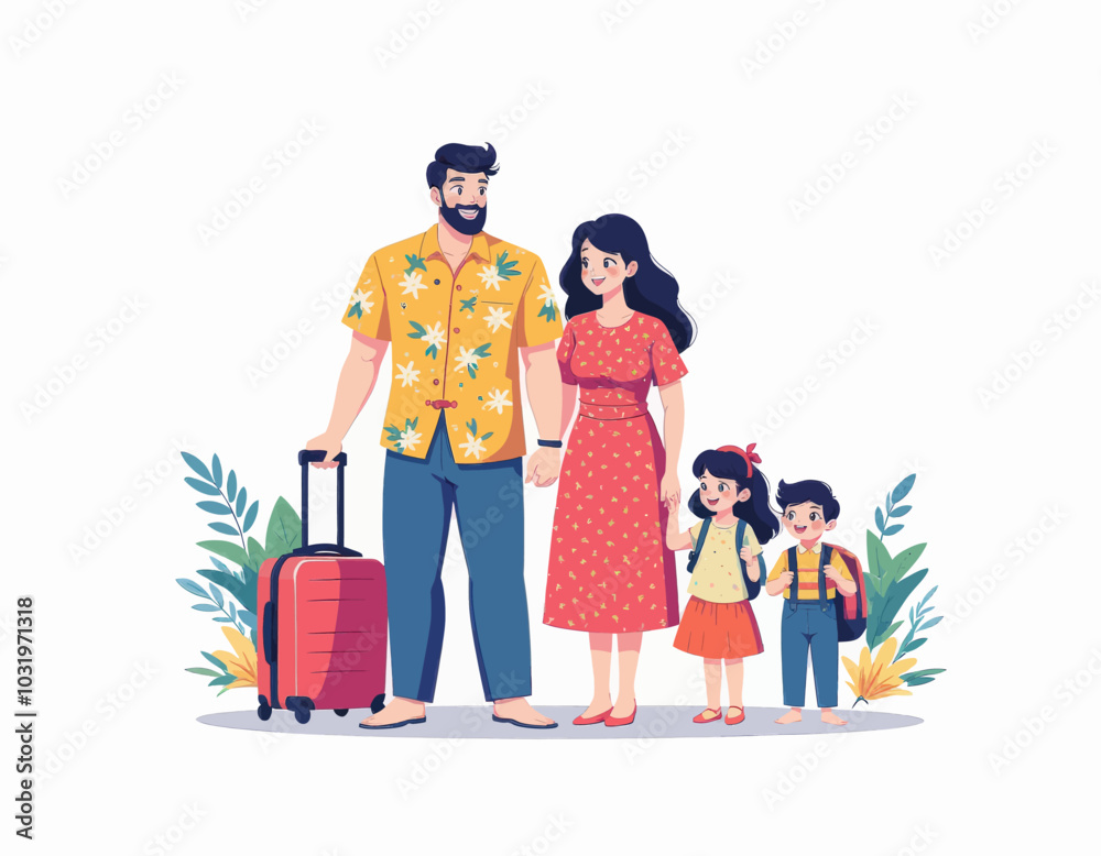 Fototapeta premium Family with Luggage and Plants Illustration 