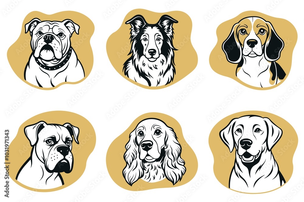 A set of dog illustrations with a variety of breeds A set of dog illustrations with a variety of breeds