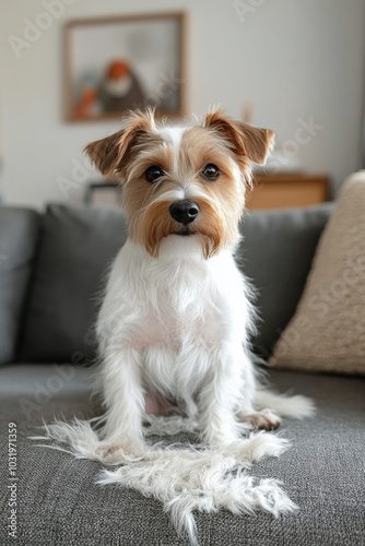 Cute small dog sitting on a gray couch indoors with a relaxed expression and ...