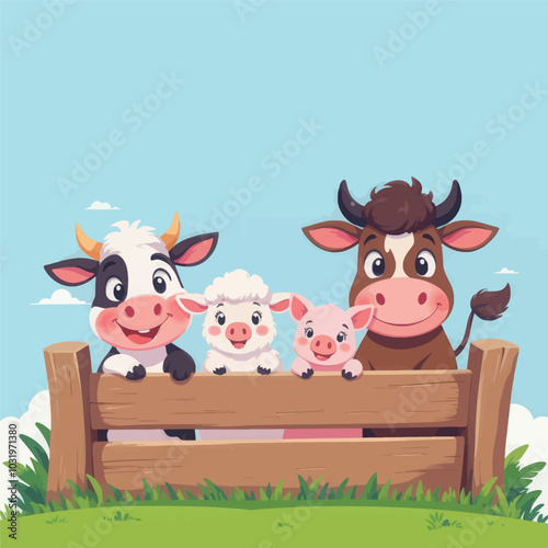 Farm Animals Peeking Over Fence 

