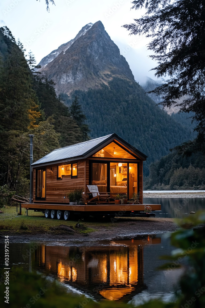Fototapeta premium Cozy cabin beside a serene mountain lake.