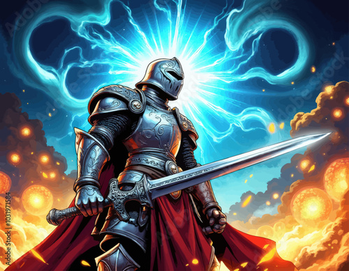 Fantasy Knight with Sword and Blue Energy