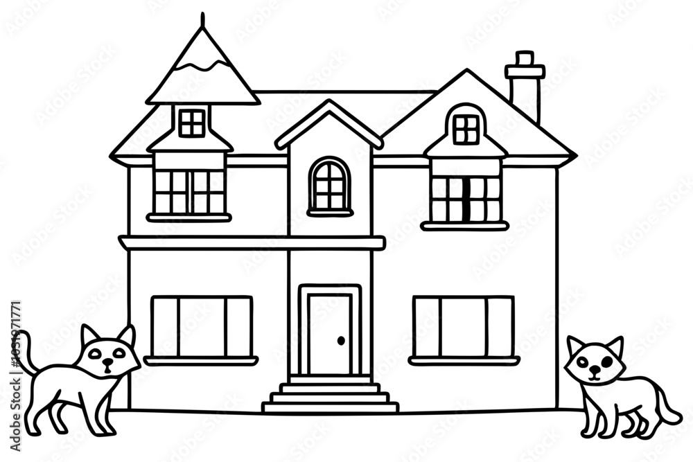 Hand-drawn coloring page with a two-storied house and cat stock vector ...