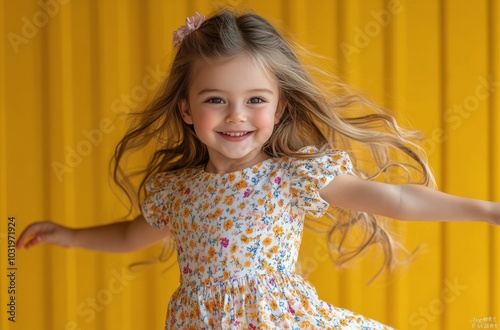 Cheerful young girl in a yellow floral dress twirls joyfully against a vibran...