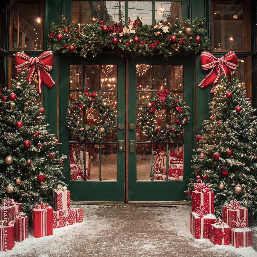 Obraz premium Cheerful holiday decorations adorn a cozy home entrance with snow and festive gifts