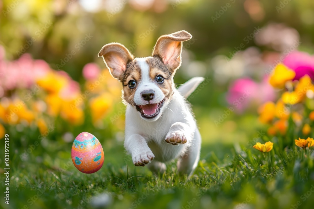 A playful puppy runs in the garden surrounded by colorful flowers. It joyfully chases an Easter egg. This image captures joy and innocence. Generative AI A playful puppy runs in the garden surrounded by colorful flowers. It joyfully chases an Easter egg. This image captures joy and innocence. Generative AI