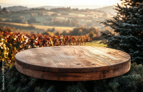 Beautiful wooden table adorned with pine cones overlooks a stunning vineyard ...