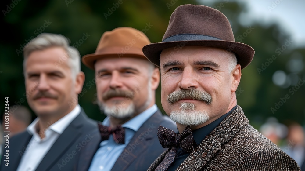 Group of men with mustaches and facial hair attending a cancer awareness and fundraising rally to show their support and advocacy for the important medical cause Group of men with mustaches and facial hair attending a cancer awareness and fundraising rally to show their support and advocacy for the important medical cause