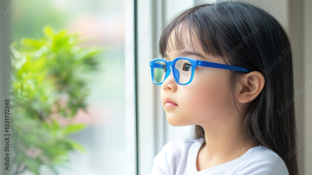 Young child wearing blue glasses focusing on distant tree outside window, symbolizing myopia prevention and importance of outdoor activities.