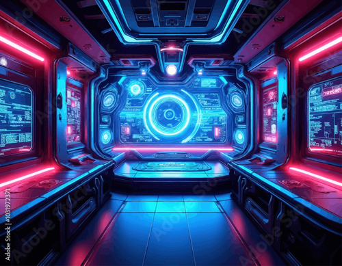 Futuristic Spaceship Interior with Neon Lights  
