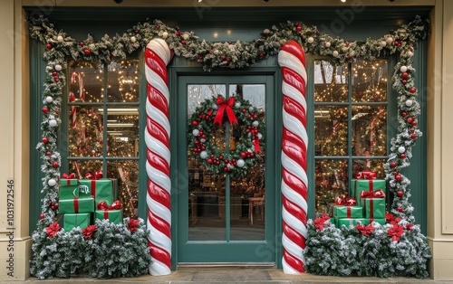 Festively decorated shop entrance with Christmas gifts, candies, and wreath i...