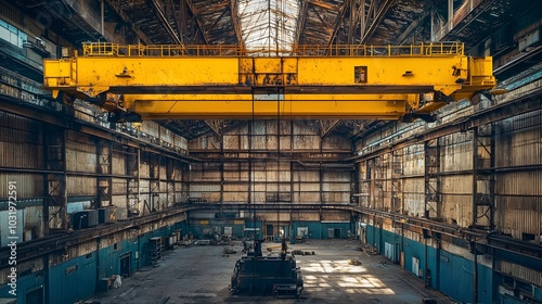 Gritty Industrial Interior with Heavy Machinery and Equipment in Abandoned Warehouse