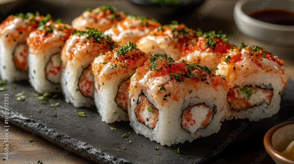 Deliciously crafted sushi rolls with a golden topping served on a rustic black platter in a cozy urban eatery
