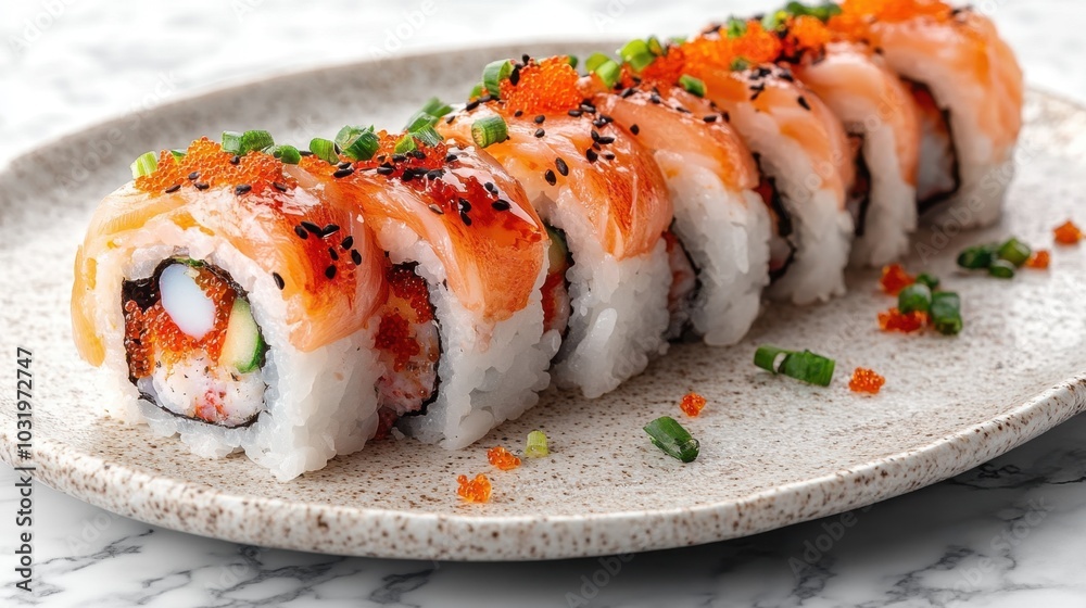 Artistic presentation of vibrant sushi rolls adorned with fresh toppings on a speckled plate Artistic presentation of vibrant sushi rolls adorned with fresh toppings on a speckled plate
